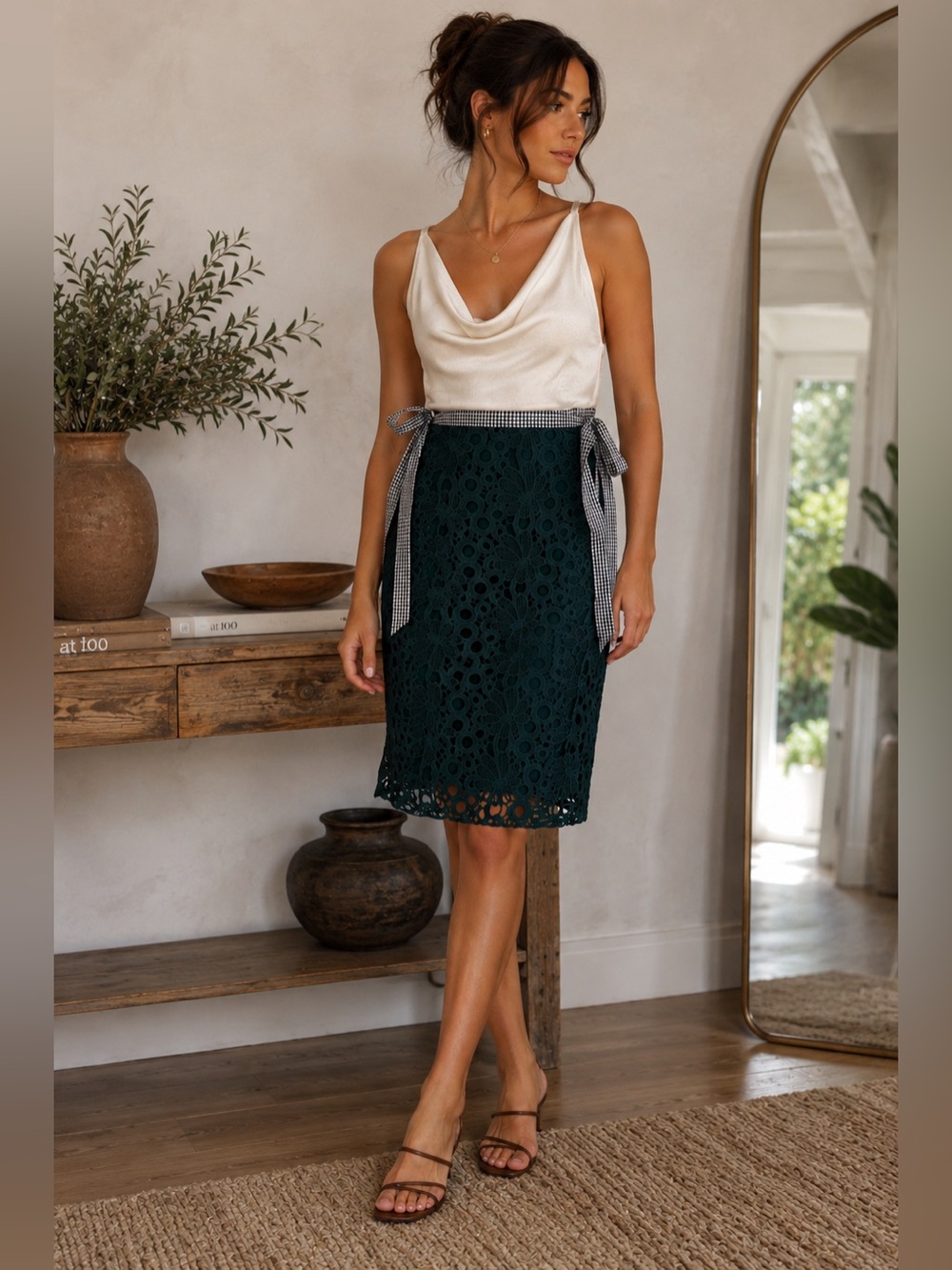Anthropologie English Factory Green Lace Gingham Tie Skirt Size M NWT